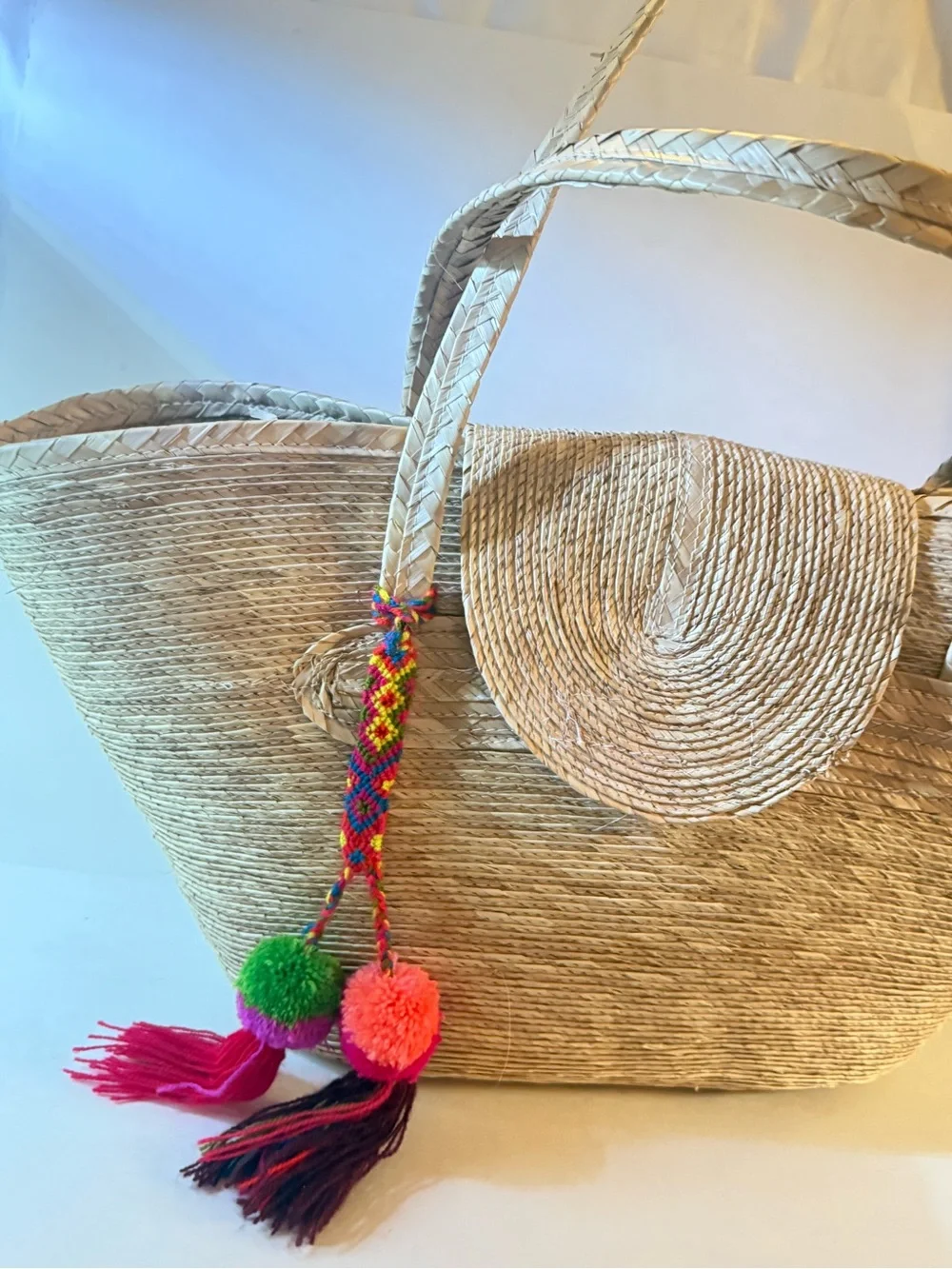 Handwoven Straw Tote Bag with Colorful Pom Pom Charm - Natural